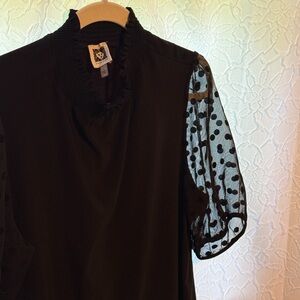 Anne Klein Black Chiffon Blouse with Sheer Polka Dot Sleeves